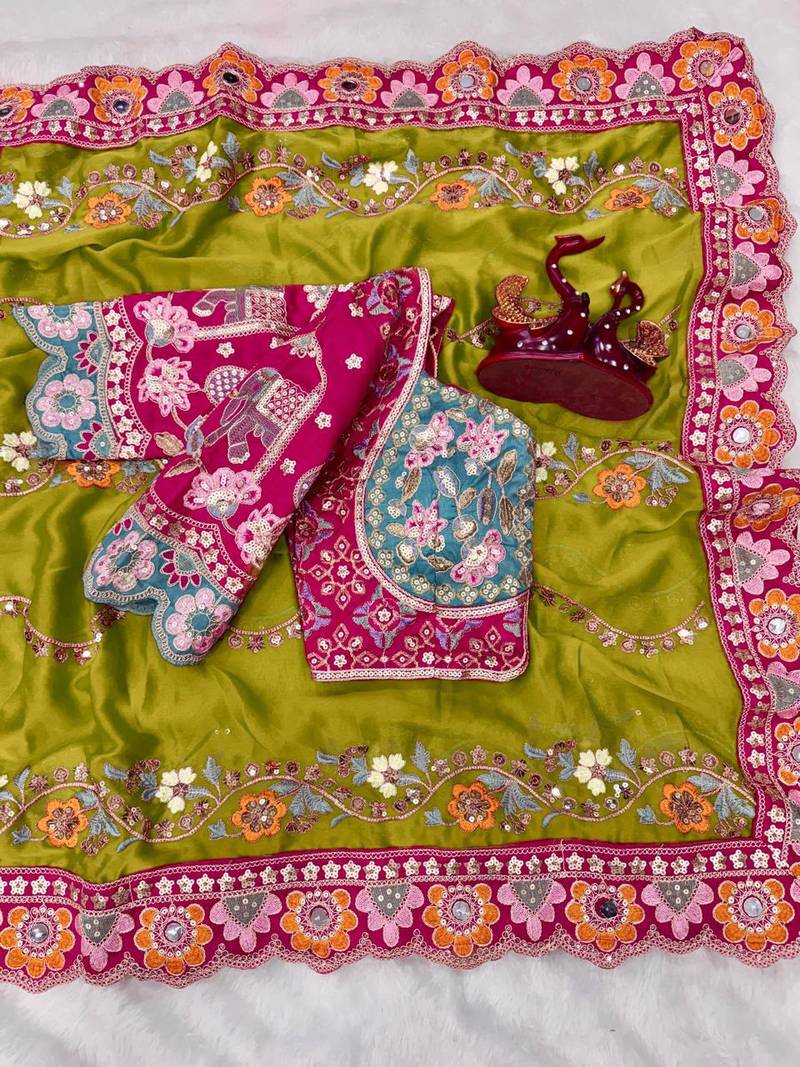Light Olive Color Embroidery Coding,Thread Dual Sequence Work And Real Mirror Work And Wedding Wear Saree