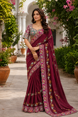 Maroon Color Embroidery Coding,Thread Dual Sequence Work And Real Mirror Work And Wedding Wear Saree 1