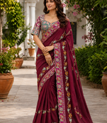 Maroon Color Embroidery Coding,Thread Dual Sequence Work And Real Mirror Work And Wedding Wear Saree