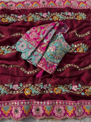Maroon Color Embroidery Coding,Thread Dual Sequence Work And Real Mirror Work And Wedding Wear Saree 2