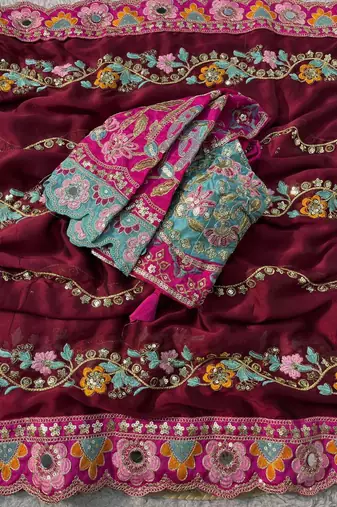 Maroon Color Embroidery Coding,Thread Dual Sequence Work And Real Mirror Work And Wedding Wear Saree