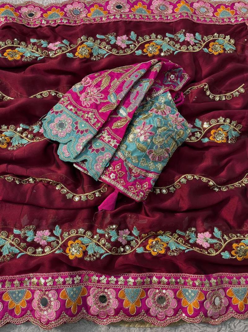 Maroon Color Embroidery Coding,Thread Dual Sequence Work And Real Mirror Work And Wedding Wear Saree