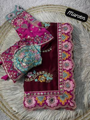 Maroon Color Embroidery Coding,Thread Dual Sequence Work And Real Mirror Work And Wedding Wear Saree 3
