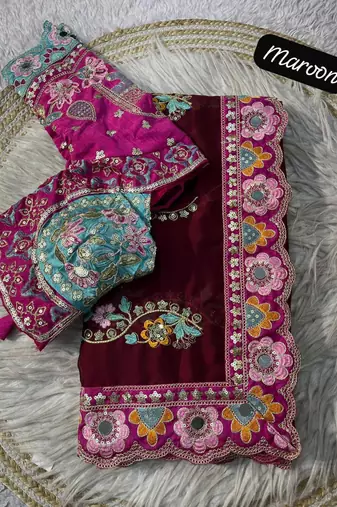 Maroon Color Embroidery Coding,Thread Dual Sequence Work And Real Mirror Work And Wedding Wear Saree