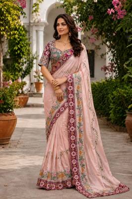 Peach Color Embroidery Coding,Thread Dual Sequence Work And Real Mirror Work And Wedding Wear Saree 1
