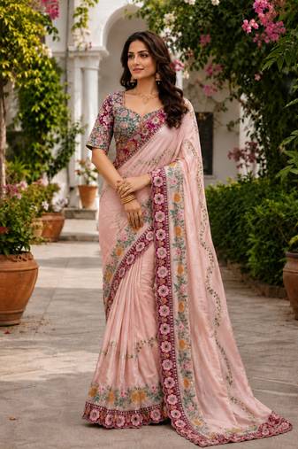 Peach Color Embroidery Coding,Thread Dual Sequence Work And Real Mirror Work And Wedding Wear Saree