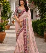 Peach Color Embroidery Coding,Thread Dual Sequence Work And Real Mirror Work And Wedding Wear Saree