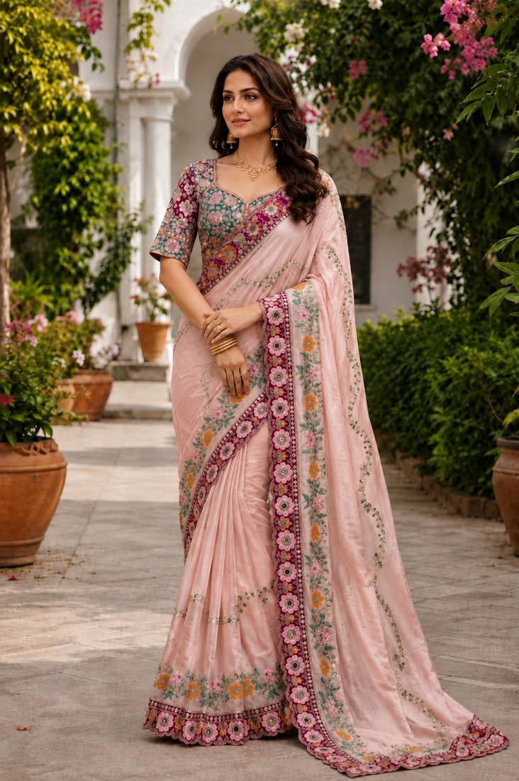 Peach Color Embroidery Coding,Thread Dual Sequence Work And Real Mirror Work And Wedding Wear Saree