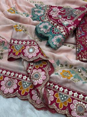 Peach Color Embroidery Coding,Thread Dual Sequence Work And Real Mirror Work And Wedding Wear Saree 2