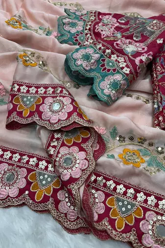 Peach Color Embroidery Coding,Thread Dual Sequence Work And Real Mirror Work And Wedding Wear Saree