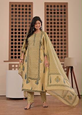 Floral printed pure cotton round neck kurta trouser & dupatta set 1