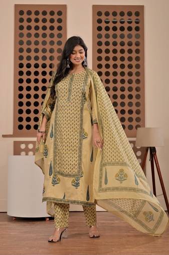 Floral printed pure cotton round neck kurta trouser & dupatta set