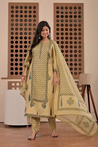 Floral printed pure cotton round neck kurta trouser & dupatta set