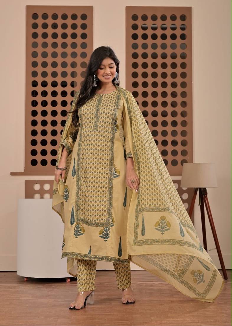 Floral printed pure cotton round neck kurta trouser & dupatta set