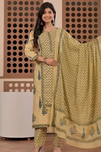 Floral printed pure cotton round neck kurta trouser & dupatta set