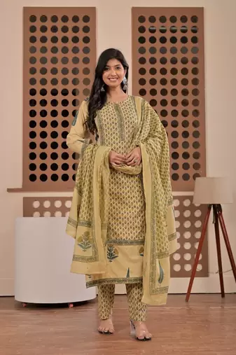 Floral printed pure cotton round neck kurta trouser & dupatta set