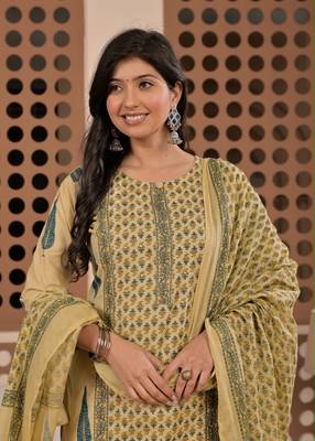 Floral printed pure cotton round neck kurta trouser & dupatta set 4