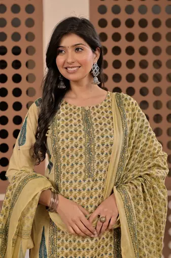 Floral printed pure cotton round neck kurta trouser & dupatta set
