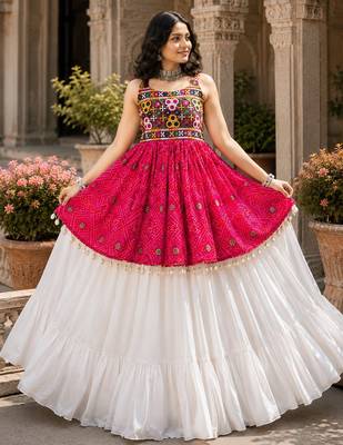 pink rayon cotton navratri kediya lehenga set- free size 2