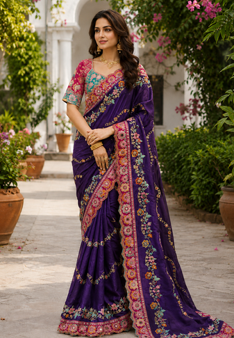 Purple Color Embroidery Coding,Thread Dual Sequence Work And Real Mirror Work And Wedding Wear Saree