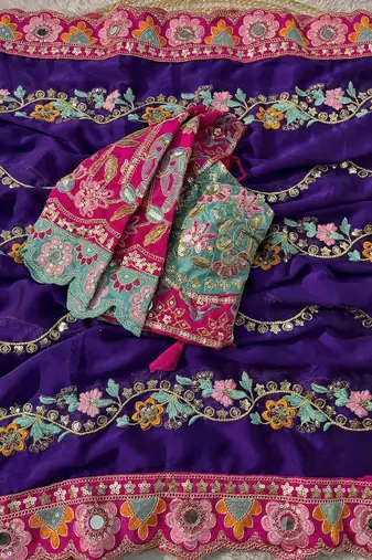 Purple Color Embroidery Coding,Thread Dual Sequence Work And Real Mirror Work And Wedding Wear Saree