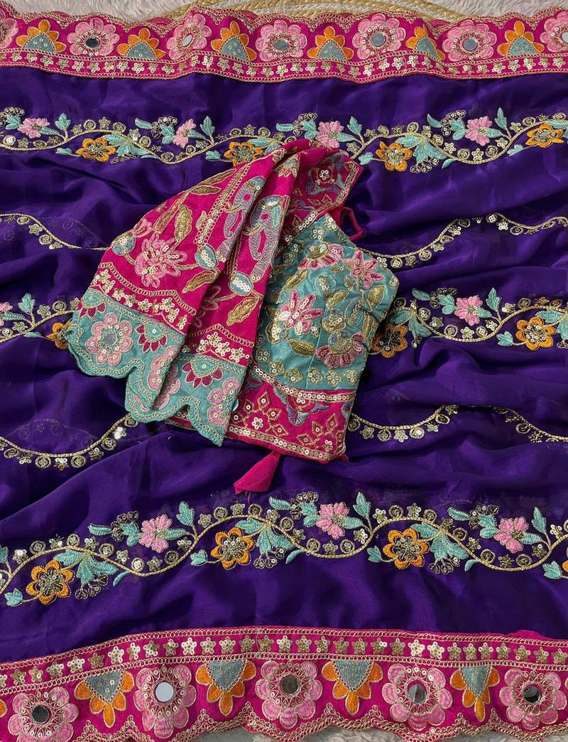 Purple Color Embroidery Coding,Thread Dual Sequence Work And Real Mirror Work And Wedding Wear Saree