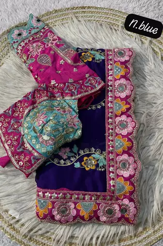 Purple Color Embroidery Coding,Thread Dual Sequence Work And Real Mirror Work And Wedding Wear Saree