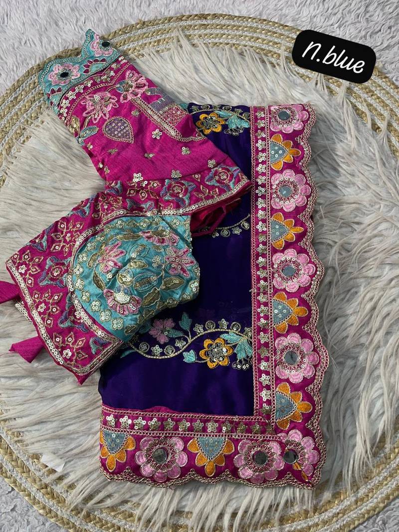 Purple Color Embroidery Coding,Thread Dual Sequence Work And Real Mirror Work And Wedding Wear Saree