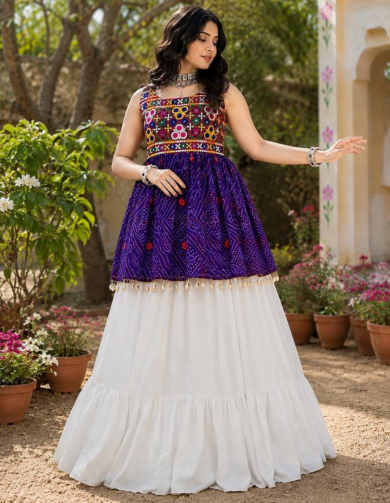 purple rayon cotton navratri kediya lehenga set- free size