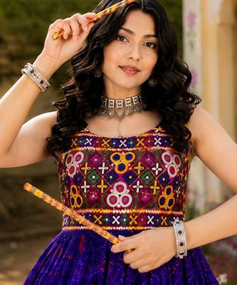 purple rayon cotton navratri kediya lehenga set- free size 3