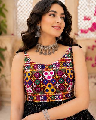 black rayon cotton navratri kediya lehenga set- free size 3