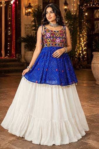 royal-blue rayon cotton navratri kediya lehenga set- free size