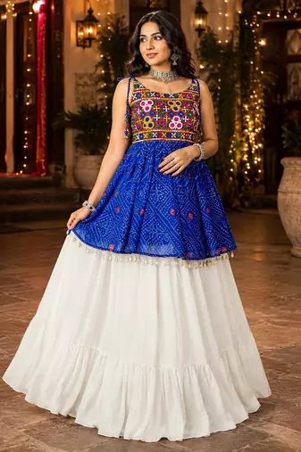 royal-blue rayon cotton navratri kediya lehenga set- free size
