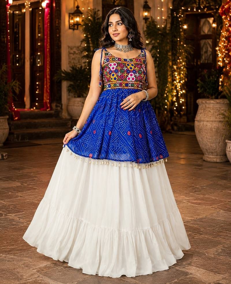 royal-blue rayon cotton navratri kediya lehenga set- free size