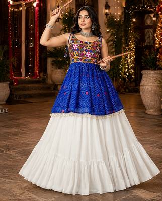 royal-blue rayon cotton navratri kediya lehenga set- free size 2