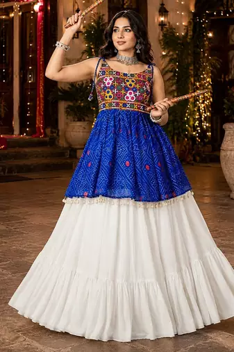 royal-blue rayon cotton navratri kediya lehenga set- free size
