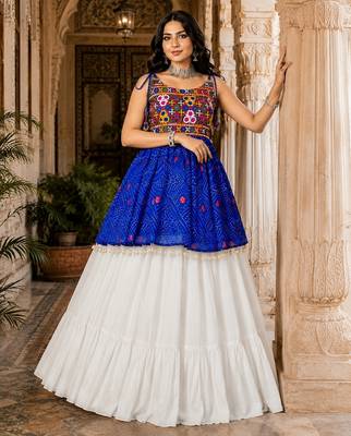 royal-blue rayon cotton navratri kediya lehenga set- free size 3