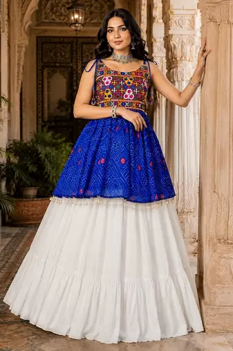 royal-blue rayon cotton navratri kediya lehenga set- free size