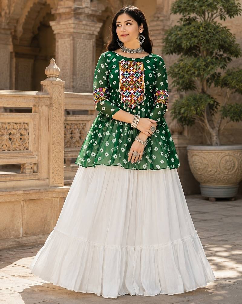 green rayon cotton navratri kediya lehenga set- free size