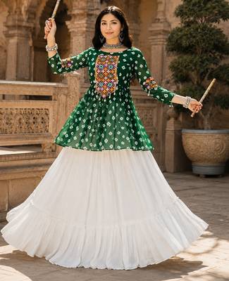 green rayon cotton navratri kediya lehenga set- free size 2