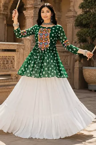 green rayon cotton navratri kediya lehenga set- free size