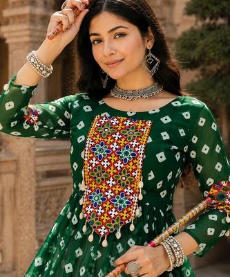 green rayon cotton navratri kediya lehenga set- free size 3