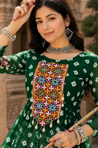 green rayon cotton navratri kediya lehenga set- free size