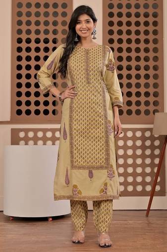Floral printed pure cotton round neck kurta trouser & dupatta set