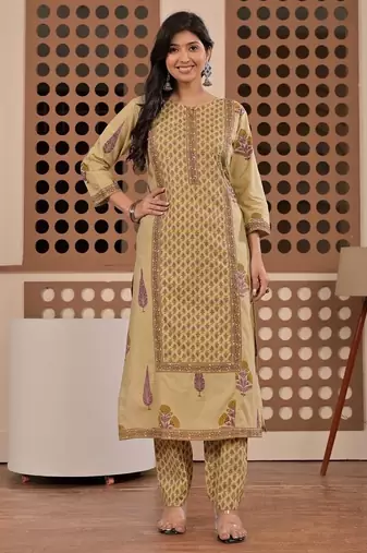 Floral printed pure cotton round neck kurta trouser & dupatta set