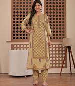 Floral printed pure cotton round neck kurta trouser & dupatta set