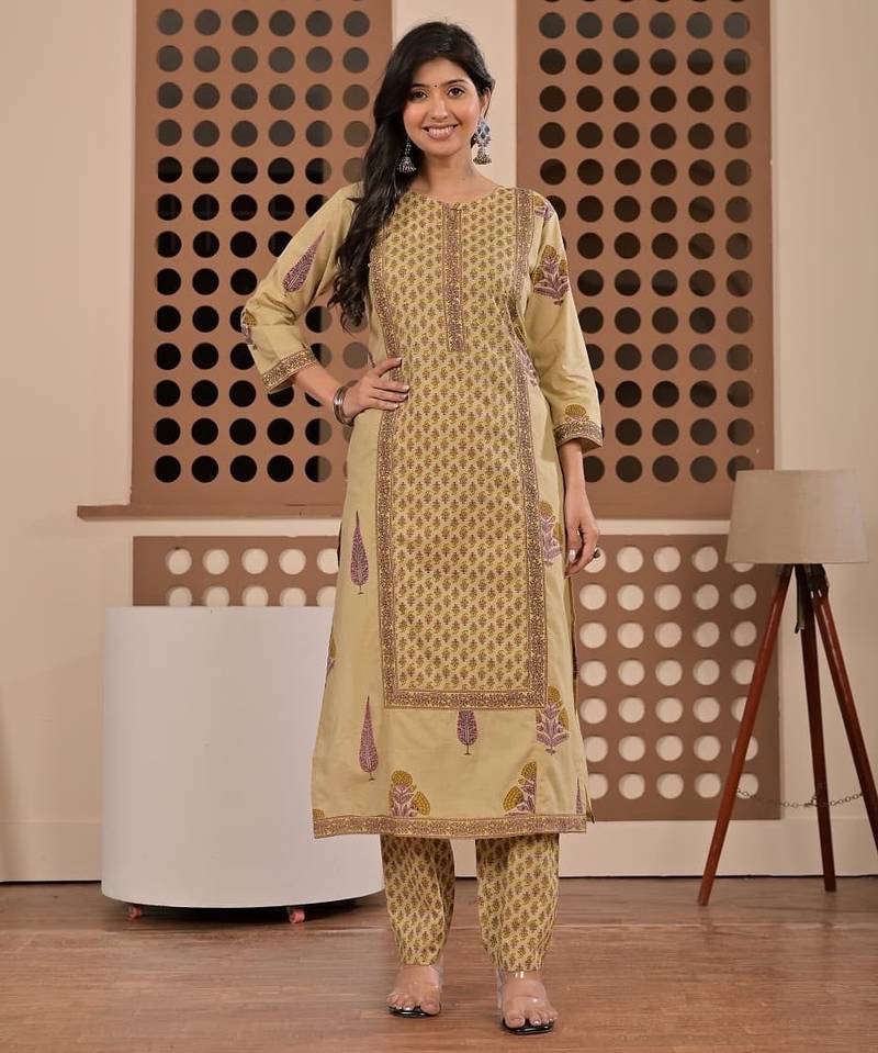Floral printed pure cotton round neck kurta trouser & dupatta set
