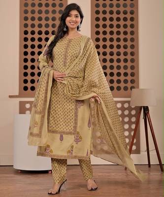Floral printed pure cotton round neck kurta trouser & dupatta set 2