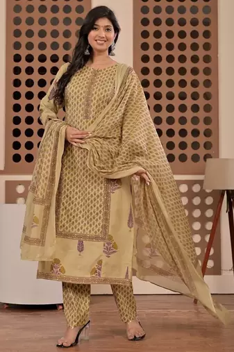 Floral printed pure cotton round neck kurta trouser & dupatta set