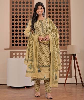 Floral printed pure cotton round neck kurta trouser & dupatta set 3